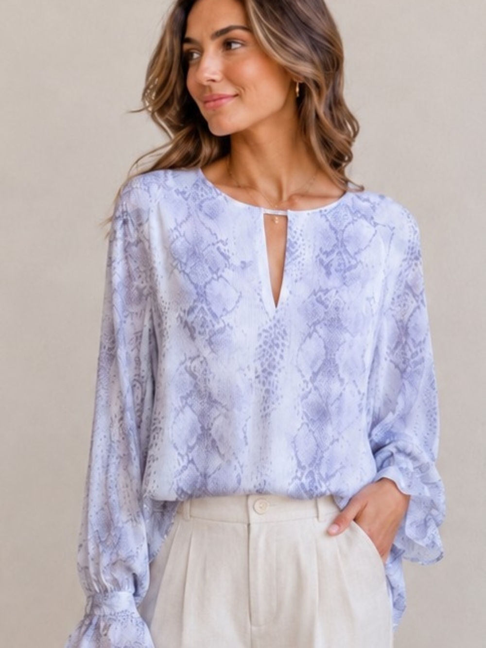 Mango Lavender Snake-Print Keyhole Blouse - Women